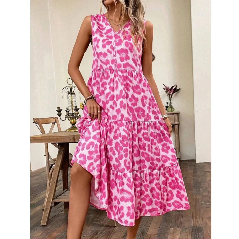 Pink Boho Womens Leopard Print Ruffle Hem Smock Dress - Picture 6 of 7